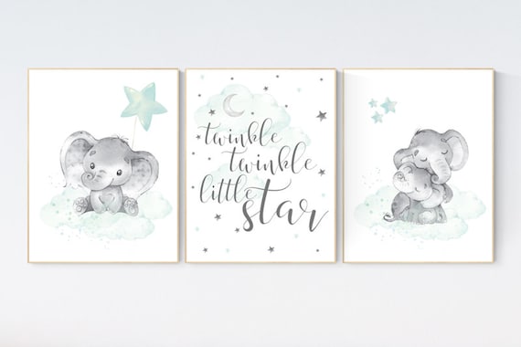 Elephant nursery art, elephant nursery print, mint nursery, twinkle twinkle little star, baby room art, gender neutral, aqua, moon and stars