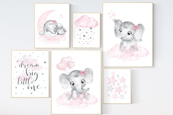 Nursery decor girl elephant, pink grey, nursery decor girl pink, moon and stars, nursery prints girl, nursery girl decor ideas