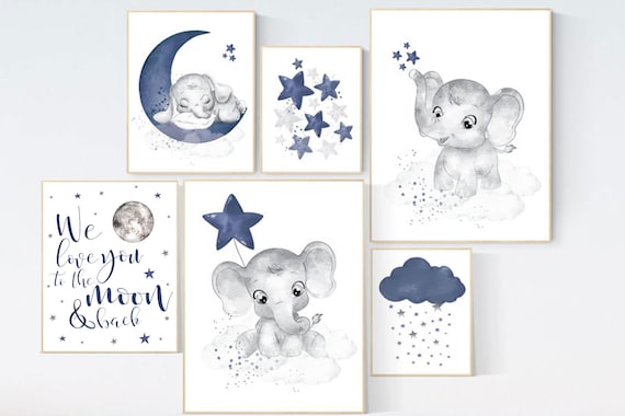 Elephant nursery wall art, navy blue nursery wall art, cloud, stars, navy nursery, boy nursery wall art, we love you to the moon and back