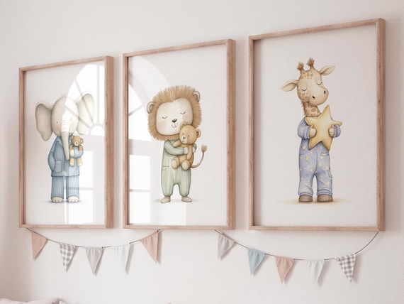 Pajama Animals Nursery Wall Art – Elephant Lion Giraffe Print Set, Baby Animal Decor