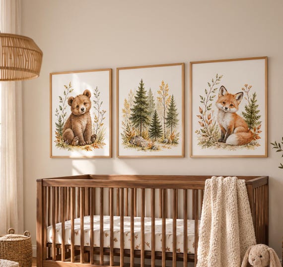Woodland Nursery Wall Art Set of 3, Bear and Fox Prints, Forest Trees, Neutral Baby Room Decor