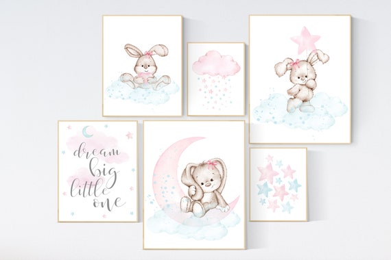Rabbit nursery print, nursery print set girl, pink teal, watercolor bunny nursery print, Nursery decor girl bunny, Nursery wall art girl,