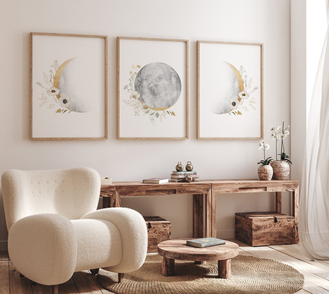 Floral Moon Nursery Print: Gray and Gold Botanical Decor - Etsy