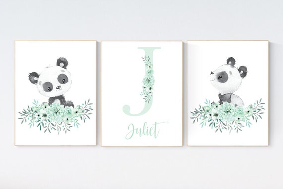 Panda nursery, mint green nursery wall art,  Boho baby room, nursery wall art panda, nursery decor girl, nursery decor girl floral, name