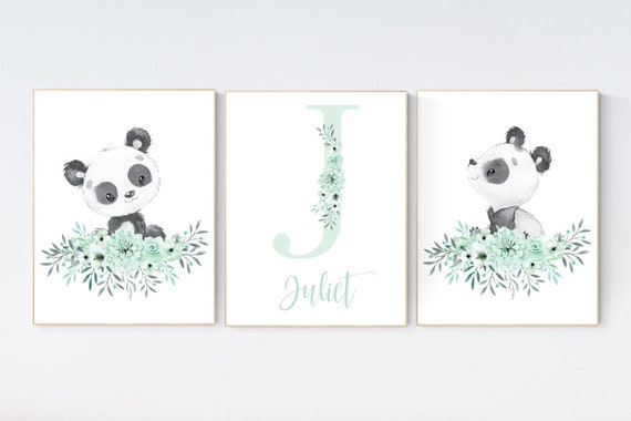 Panda nursery, mint green nursery wall art,  Boho baby room, nursery wall art panda, nursery decor girl, nursery decor girl floral, name