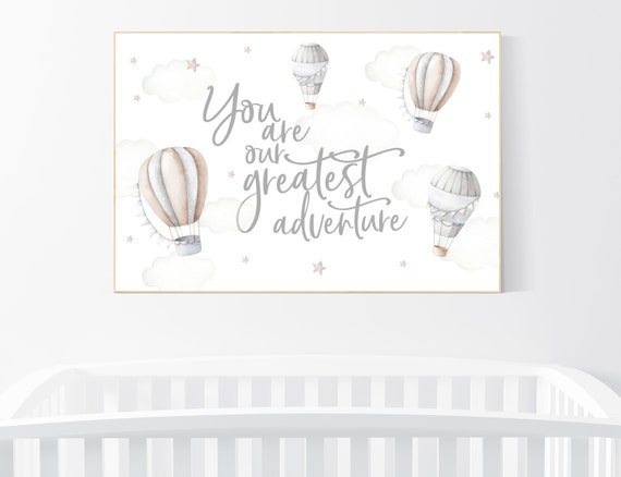 Hot air balloon nursery, Nursery decor neutral, you are our greatest adventure, gender neutral, beige gray, neutral colors, beige