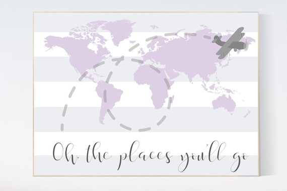 Nursery decor girl purple, nursery decor map, Lilac nursery, Oh the places you'll go, travel nursery decor, world map, lavender nursery