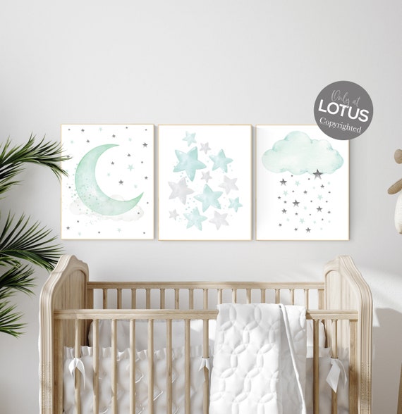 Mint and gray nursery wall art, mint green nursery decor, moon and stars nursery, gender neutral, baby room wall art, star nursery, moon