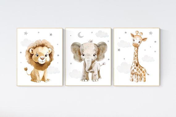 Nursery wall art animals, gray nursery, gender neutral nursery, neutral nursery, baby room decor, bear, elephant, giraffe, animal prints