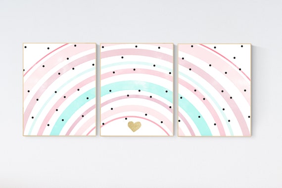 Rainbow nursery, nursery decor girl, pink teal, girl nursery room decor, nursery wall art, rainbow prints, pastel colors, pink and teal