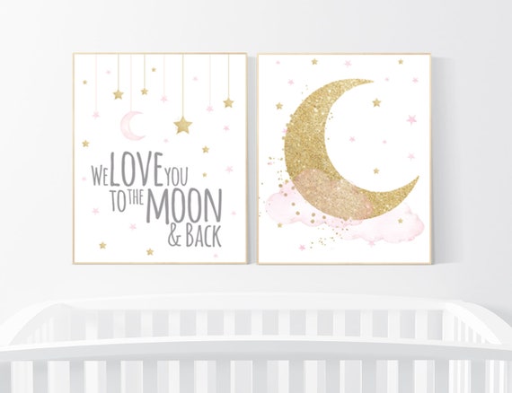 Nursery wall art girl , gold and pink, cloud, moon, stars, girl nursery ideas, nursery wall art, we love you to the moon and back