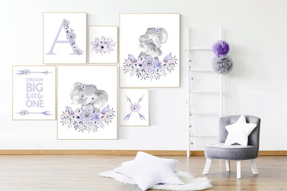 Nursery decor girl boho, purple nursery, nursery decor girl flower, nursery wall art elephant, lilac nursery, lavender nursery wall art