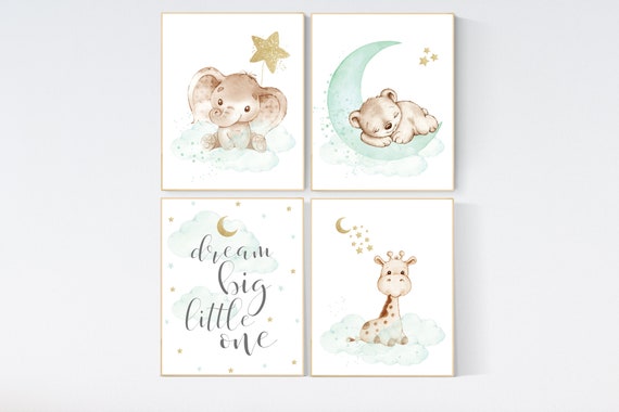 Nursery decor elephant, mint gold baby nursery, nursery decor boy and girl, cloud and star nursery, moon nursery decor, gender neutral