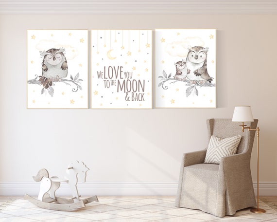 Nursery decor yellow, Nursery decor owl, gender neutral nursery decor, owl nursery, we love you to the moon and back, owl print for nursery