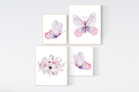 Nursery decor girl butterfly, nursery decor girl boho, nursery wall art purple, pink purple, Butterfly Nursery Art, pink and lilac
