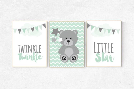 Mint nursery decor, Twinkle Twinkle Little Star, teddy bear nursery, gender neutral baby, Baby Boy Nursery Wall Art, mint gray, mint gray