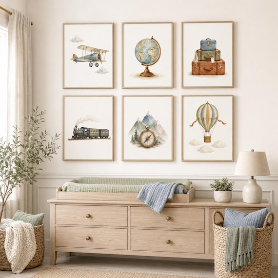 Vintage Travel Nursery Wall Art Set of 6, Adventure Baby Boy Room Decor