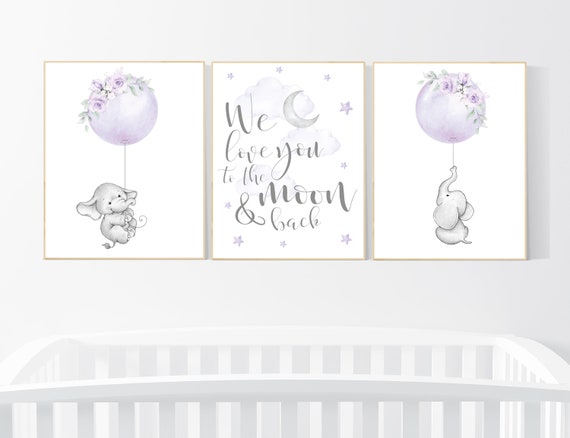 Nursery wall art elephant, Nursery prints girl, purple nursery, lavender, lilac nursery, moon and stars, girl baby room art, nursery set