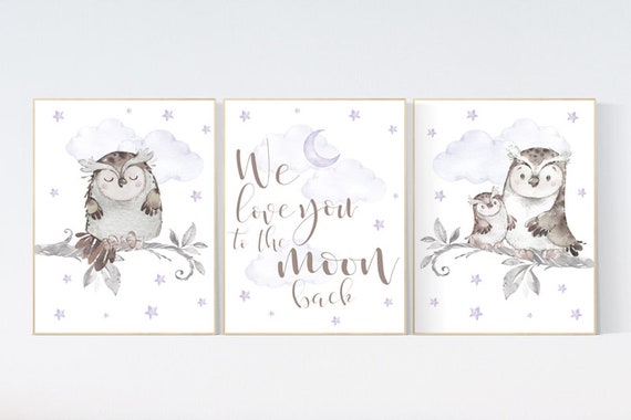 Nursery decor girl purple, Nursery decor owl, lilac nursery, nursery wall art, owl nursery, lavender, we love you to the moon and back