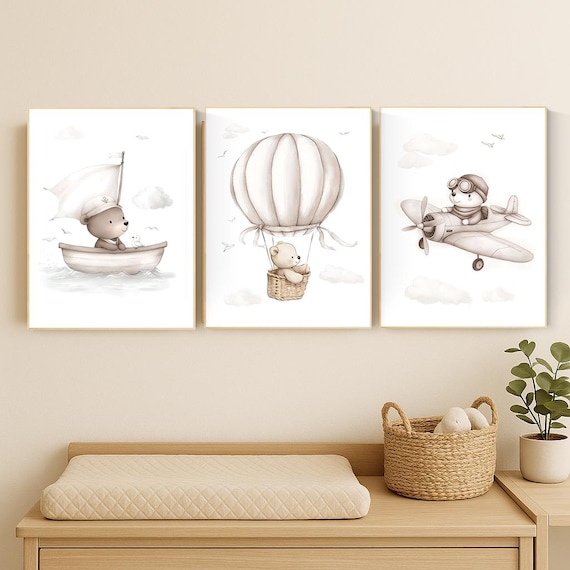 Adventure Bear Nursery Wall Art Set | Travel Theme Baby Boy Decor | Boat Plane Hot Air Balloon Prints | Neutral Nursery Wall Art