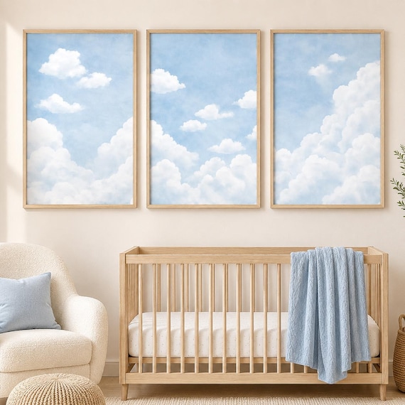 Blue Cloud Nursery Wall Art Set of 3, Gender Neutral Baby Room Decor