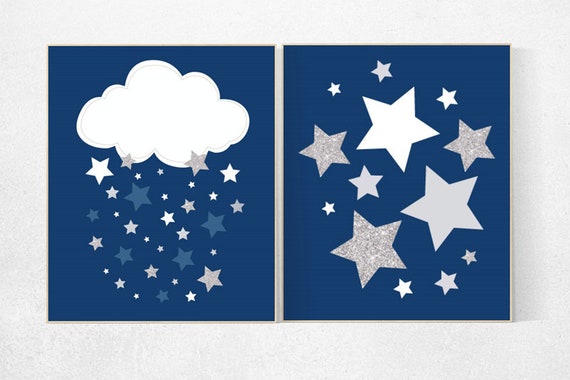 Navy silver nursery, cloud nursery art, star nursery, nursery decor boy, Baby boy nursery decor, navy gray nursery, boys room wall art