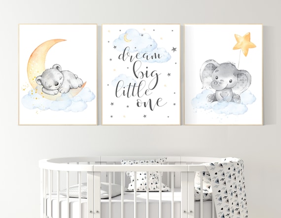 Gender neutral nursery, elephant bear nursery, animal prints, dream big little one, blue yellow nursery, cloud, moon and stars, twin nursery