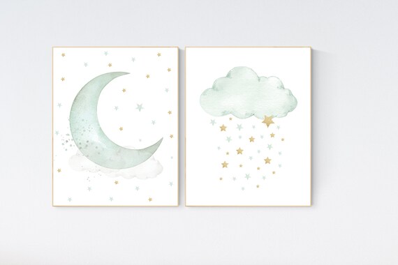 Sage green gold nursery decor, gender neutral nursery, sage green, moon and stars, set of 3, nursery prints, green gold nursery