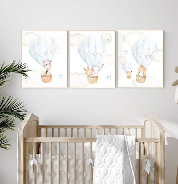 Hot air balloon, Nursery decor boy, blue nursery, woodland animals, baby room wall art, adventure theme, woodland animals, baby blue nursery