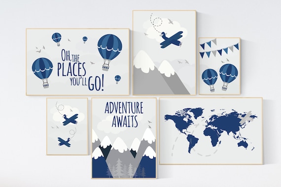 Adventure nursery decor, nursery decor boy adventure, nursery decor boy airplane, world map nursery, adventure awaits, oh the places