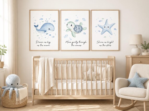 Coastal Nursery Wall Art Set of 3, Whale Sailboat Octopus Prints