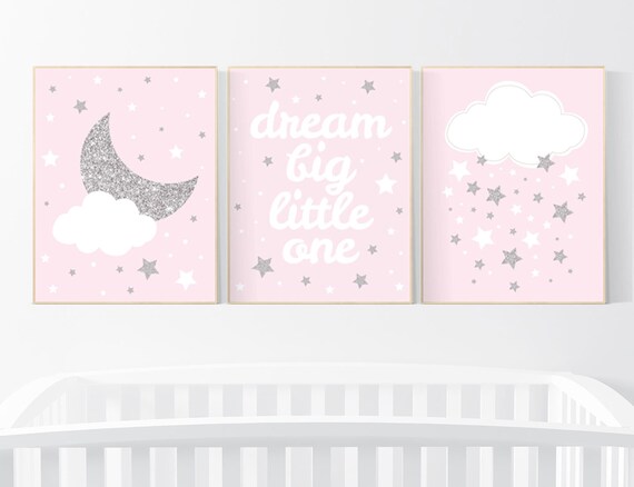 Pink silver nursery decor, nursery wall art girl, pink and silver nursery art, cloud and stars, baby room prints, baby room art girl