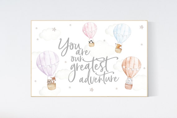 Nursery decor gender neutral, you are our greatest adventure, Hot air balloon nursery, safari animals, twin nursery, playroom decor, balloon