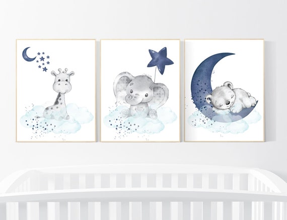 Nursery decor elephant and giraffe, animal nursery prints, navy nursery, navy teal nursery, baby room wall art, woodland animal prints