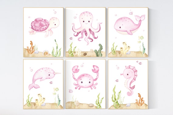 Nursery decor girl, ocean nursery, under the sea nursery, Under the sea wall art, pink nursery, girls room decor, sea nursery decor