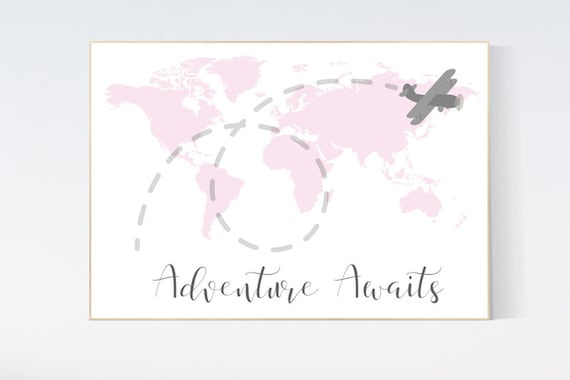 Pink nursery decor, world map nursery, adventure awaits, World Map wall art, travel nursery decor,nursery decor girls, pink gray