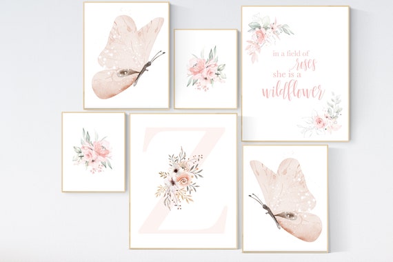 Nursery decor girl  butterfly, floral nursery, nursery decor girl butterflies, blush, peach, flower nursery, butterfly nursery wall art