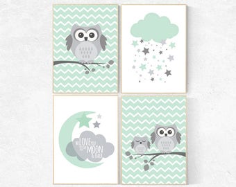 Owl Nursery Wall Art: Mint Gray Decor Prints