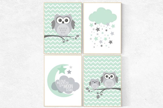 Gender neutral nursery decor, mint nursery decor, we love you to the moon and back, mint gray, owl room decor, Owl nursery wall art