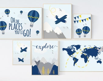 Airplane Nursery Decor: Mountain, World Map, Hot Air Balloon Prints