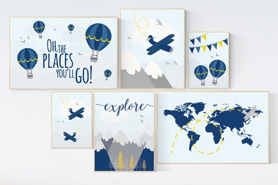 Nursery decor boy airplane, Nursery decor boy travel, mountain, hot air balloon, world map nursery, adventure nursery, navy yellow