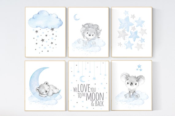 Animal nursery, Nursery decor boy bear, lion, koala nursery art, blue, baby room wall art, boy room, blue gray grey, animal prints