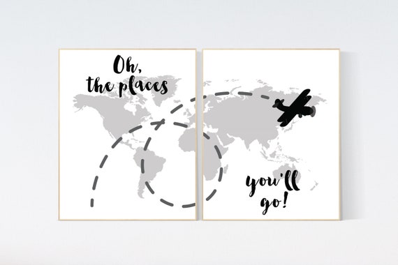 Oh the places you'll go, World Map wall art, world map nursery, black and white and gray nursery decor, world map wall art, baby room