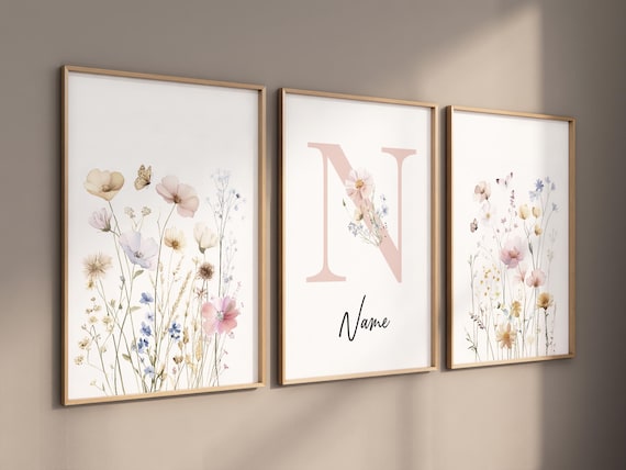 Floral Monogram Nursery Wall Art Set – Personalized Baby Girl Name Print, Wildflower Pastel Botanical Prints, Custom Nursery Decor