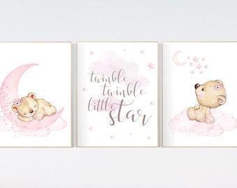 Nursery decor bear, bear nursery decor for girls, twinkle twinkle little star, girl wall art, nursery wall art girl nursery pink nursery art