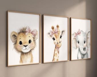 Baby Girl Nursery Wall Art Set, Safari Animals with Pink Bows