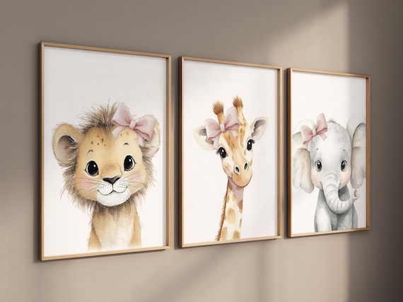 Baby Girl Nursery Wall Art Set, Safari Animals with Pink Bows