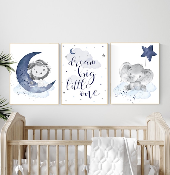 Boy Safari Nursery Wall Art Set – Dream Big Little One Lion Elephant Moon Star, Blue Animal Prints, Baby Boy Room Decor, Safari Theme
