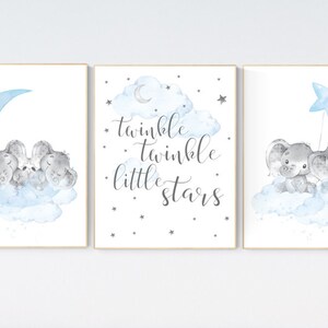 Elephant nursery art, twin nursery, elephant nursery print, blue and gray nursery, cloud and stars nursery, baby room decor boy