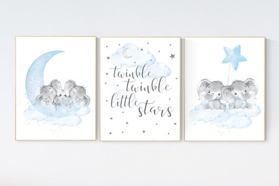 Elephant nursery art, twin nursery, elephant nursery print, blue and gray nursery, cloud and stars nursery, baby room decor boy